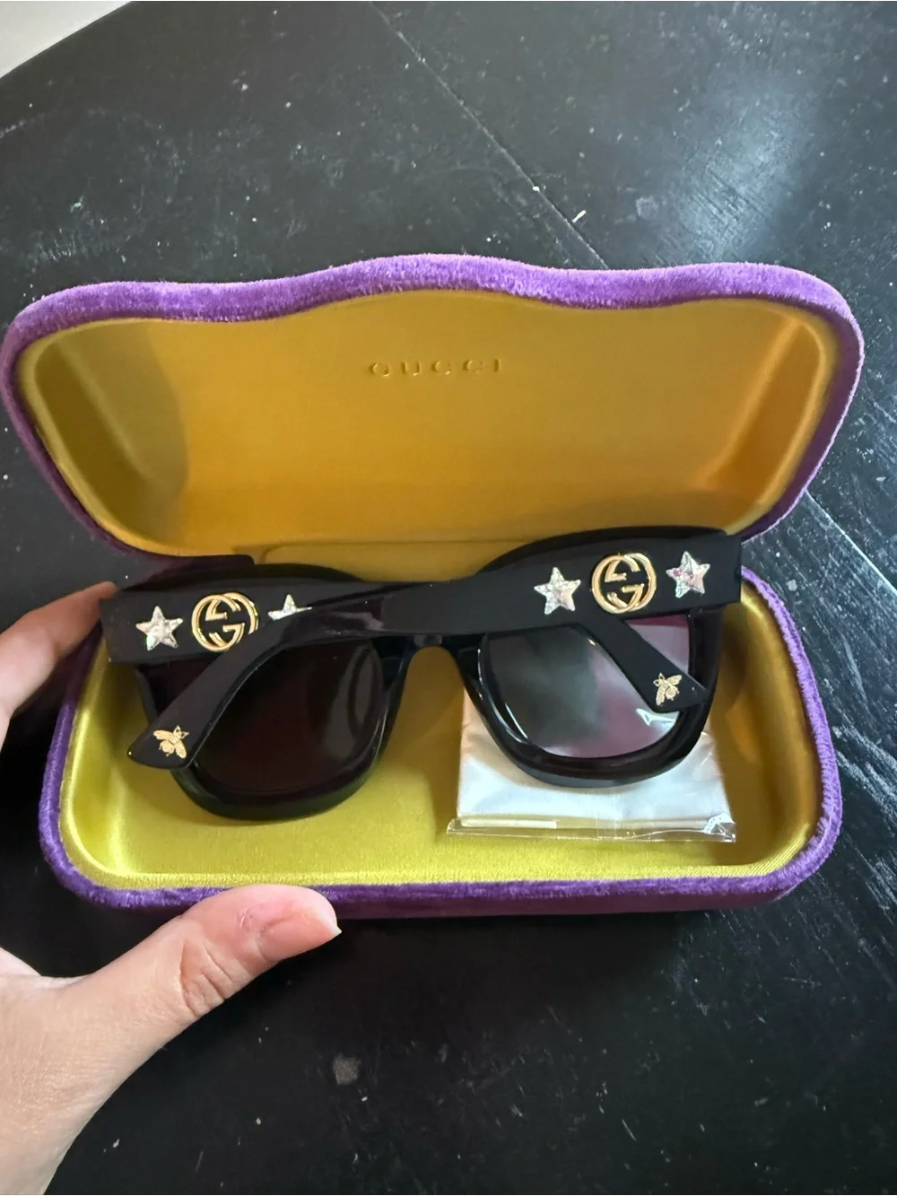 Gucci Black Oversized Sunglasses with Gold GG & Star Embellishments